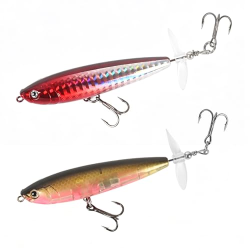 Whopper Fishing Lure for Bass：Popper Top Water Fishing Lures with Floating Rotating Tail Barb Treble Hooks Saltwater Freshwater Plopping Lures Kit - color: Brown Red