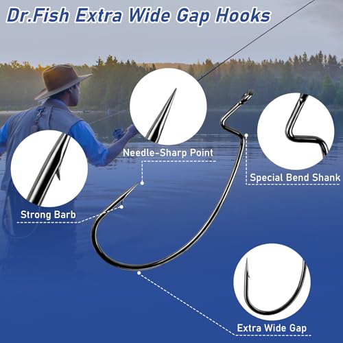 Dr.Fish 50 Pack EWG Hooks, Bass Fishing Worm Hooks Freshwater Extra Wide Gap Texas Carolina Rigs - size: #3-50 Pack