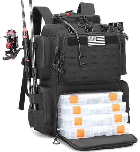 Tactical Fishing Backpack with Tackle Boxes, Rod Holders & Bottle Holder, 50 L Large Tackle Box Backpack with Cooler, Fishing Tackle Bag with Trays Store Gear & Equipment, Black - color: Black
