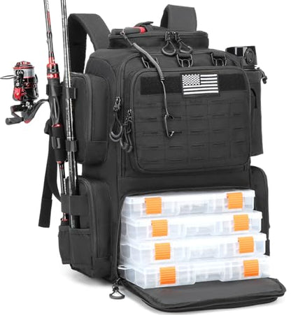 Tactical Fishing Backpack with Tackle Boxes, Rod Holders & Bottle Holder, 50 L Large Tackle Box Backpack with Cooler, Fishing Tackle Bag with Trays Store Gear & Equipment, Black - color: Black