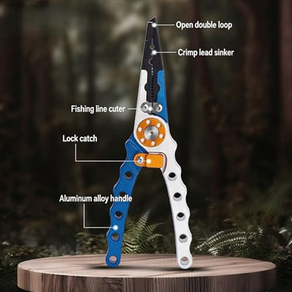 Fishing Pliers with Sheath and Lanyard, 5.8" Aluminum Alloy Hook Remover & Line Cutter, Saltwater Braided Line Cutters for Boat, Fly & Ice Fishing, Split Ring Pliers Tool (red-blue) - color: Red-blue