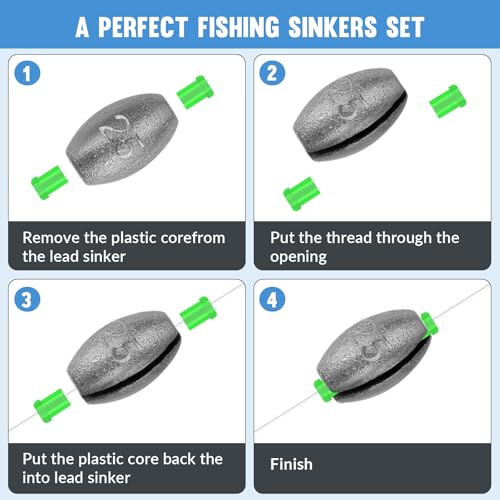 THKFISH Egg Fishing Sinkers Weights, Removable Rubber Core Fishing Weights Twist-Lock Sinker,Bass Weights Sinker Tackle Saltwater Casting Fishing Sinkers Set Oval Freshwater,1/8-1OZ - size: 1/4OZ-40PCS