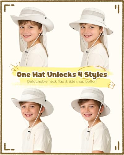 Century Star Kids Sun Hat with Detachable Neck Flap,UPF 50+ Windproof Waterproof Beach Bucket Hat Outdoor Fishing Safari - color: Beige
