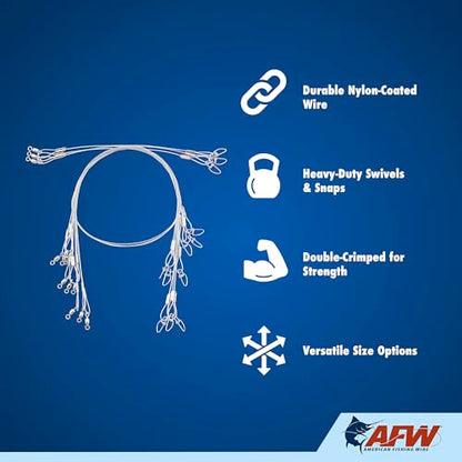 AFW Surflon Fishing Leaders – Black Nylon Coated Stainless Steel Wire, Swivel & Snap, 3 Pack, Variety Pack – Strong Leader Line for Catfishing & Toothy Game Fish - size: 20 lb, style: 24 Inch
