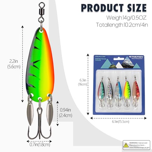 THKFISH 5pcs Saltwater Fishing Lures, Fishing Spoons with Durable Treble Hooks, Jigs Lure for Tuna Salmon Grouper, Sea Fish Jigging Lure, Trolling Spoon for Bass Fish with Tackle Box - color: C-1/2oz-5pcs