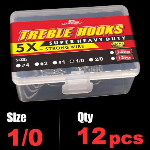 Fishing-Treble-Hooks-5X-Extra-Strong-Heavy-Duty Ultra Anti-Rust Bulk Hooks for Saltwater and Freshwater Fishing Sizes 5/0 to #8 - size: 1/0 12-Pack