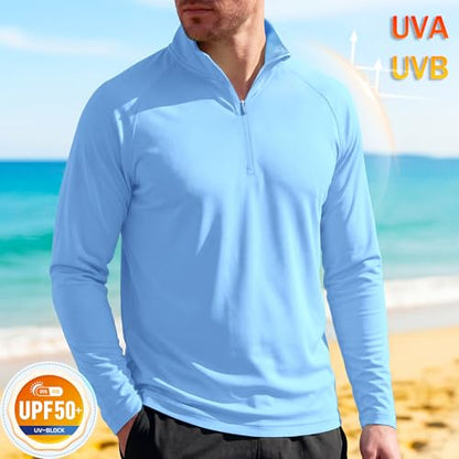 MAGCOMSEN Men's Long Sleeve Sun Shirts UPF 50+ Tees 1/4 Zip Fishing Running Rash Guard Athletic T-Shirts - color: Blue, size: Medium