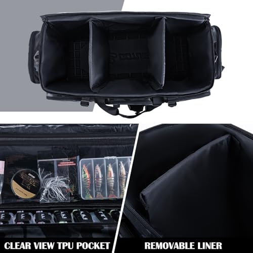 Goture Large Tackle Bag,Water Resistant Saltwater Gear Storage Big Fishing Bag with EVA Bottom,Store Up to 12PCS 3700 Plus 5PCS 3600 Tackle Trays(Not Included),Gifts for Men(26.38"x15.35"x11.42") - color: A2 Camo 1 XXL Without Trays