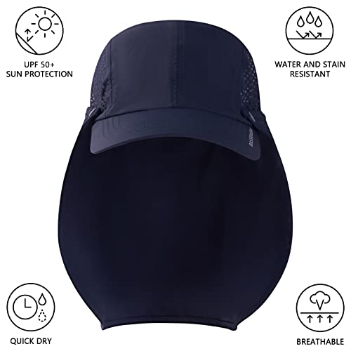 BASSDASH UPF 50+ Foldable Fishing Hat Baseball Cap with Removable Neck Flap Portable for Men Women Golf Hiking - color: Dark Blue With Unfoldable Brim