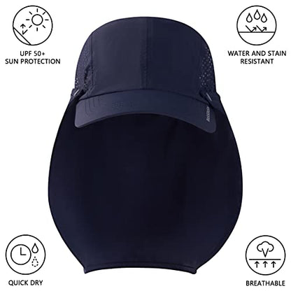 BASSDASH UPF 50+ Foldable Fishing Hat Baseball Cap with Removable Neck Flap Portable for Men Women Golf Hiking - color: Dark Blue With Unfoldable Brim