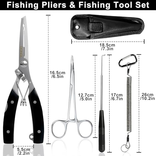 DONQL 4pcs 6in Fishing Pliers Tools Kit, Fishing Pliers Hook Remover, Fishing Scissors Line Cutter, Saltwater Resistant Fishing Gear with Lanyard, Multifunctional Fishing Hook Remover Gifts - color: Black
