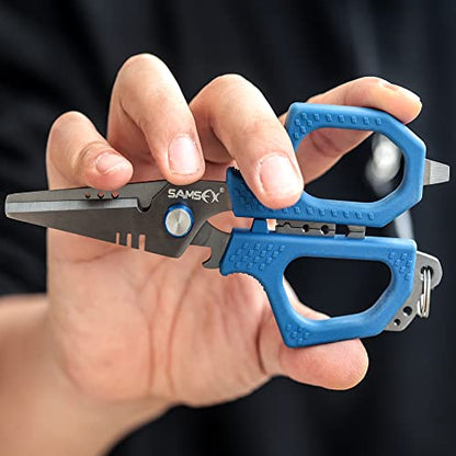 SAMSFX 6.5" Pro Fishing Shears Dual Serrated Blades, Fishing Braided Line Scissors with Titanium Coating, Non-Slip Grip & Multifunction Tool, Includes Hard Molded Locking Sheath & Coiled Lanyard - color: A: Blue Kraton Handle, Hard Sheath