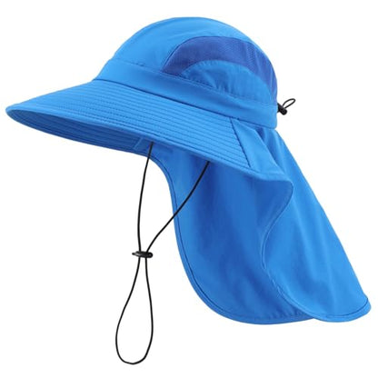 Home Prefer UPF 50+ Sun Hats for Men Women Wide Brim Fishing Hat with Neck Flap UV Protection Sunblock Safari Bucket Hat - color: Bright Blue