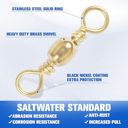 Fishing Barrel Swivels - 50/100 pcs Rolling Ball Bearing Fishing Swivel with Solid Ring Hook Line Connector Copper with Stainless Steel Gold Nickle Coated Test Strength 35-105lbs - size: 1#