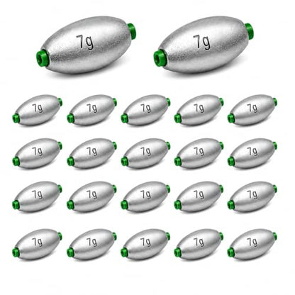 Egg Sinkers Fishing Weights with Plastic Core, Oval Lead Slip Sinker Set for Bass Catfish Saltwater Freshwater, Line Protecting Sliding Weights Tackle Kit (7g 10g 15g 20g) - size: 7g-20pcs