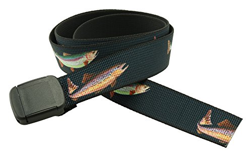 Thomas Bates Fish Pattern Metal Free Hiker Web Belts - color: Navy Rainbow Trout