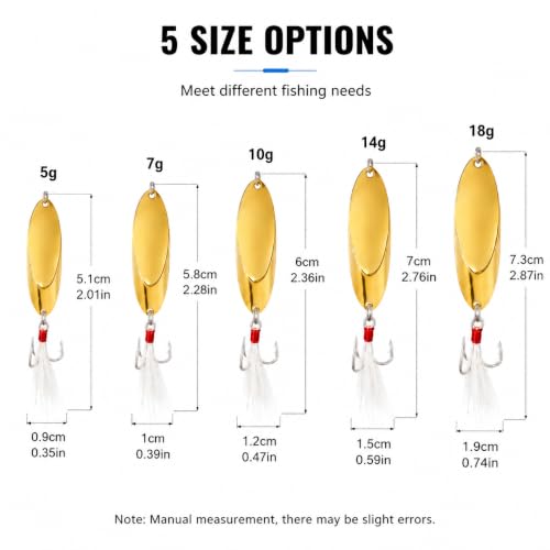 5Pcs Fishing Lures Fishing Spoons,Metal Fishing Spoons Lure with Feather Treble Hooks, Casting Spinner Baits for Trout Bass Salmon Freshwater Saltwater Fishing - color: 5PCS(Gold)