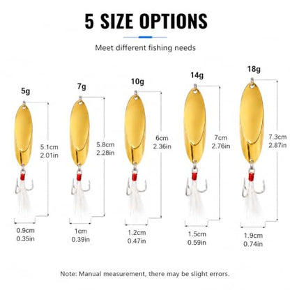 5Pcs Fishing Lures Fishing Spoons,Metal Fishing Spoons Lure with Feather Treble Hooks, Casting Spinner Baits for Trout Bass Salmon Freshwater Saltwater Fishing - color: 5PCS(Gold)