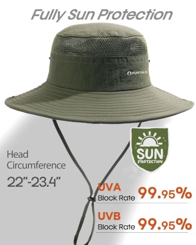 FURTALK Sun Hats for Men Women UPF Sun Protection Breathable Wide Brim | Nylon UV Protection, Breathable Adjustable, 2-in-1 Wide Brim, Packable Water-Resistant, Fishing Hiking Summer - color: Green