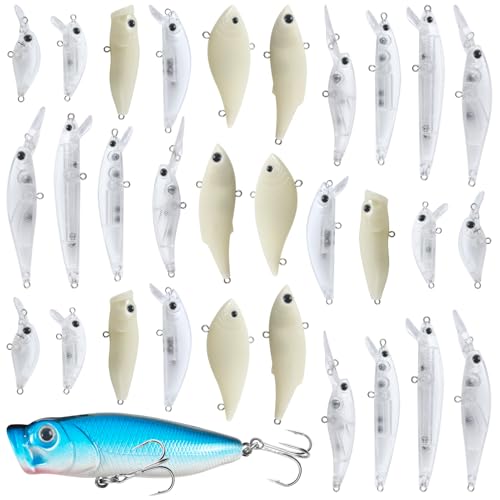 30pcs Fishing Lures Blank Kit DIY Unpainted Crankbait Hard Baits | Unpainted Fishing Lures Whopper Plopper Blank Kit for Bass Trout Perch Panfish Salmon Topwater Lure Freshwater Saltwater
