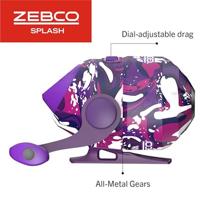 Zebco Splash Spincast Reel and Fishing Rod Combo, Fiberglass Rod, Ball Bearing System, All Metal Gears, 8-Pound Line - color: Tidepool Purple