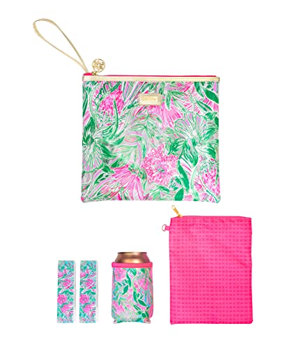 Lilly Pulitzer Water Resistant Vinyl Beach Day Pouch, Zipper Bag Includes Drink Hugger, Small Pouch, and Towel Clips - color: Coming In Hot