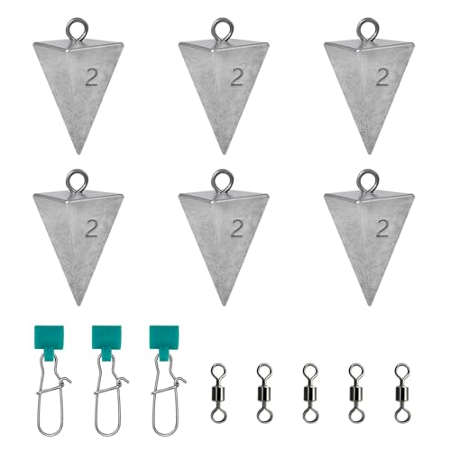 Pyramid Sinkers Fishing Weights 1oz 2oz 3oz 4oz Set - Surf Fishing Sinkers Gear Tackle for Saltwater Beach Casting, Anti-Roll Triangle Lead Weights - Strong Hold for Bottom Fishing Rig - size: 2oz-6pcs