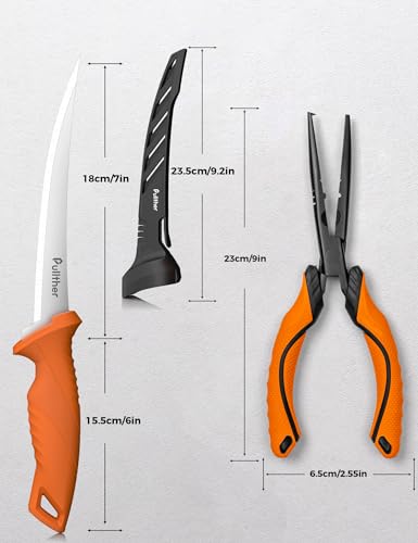 2PC Fishing Tool Kit - 7" Fillet Knife,Fishing Pliers,Multitool Hook Remover Fishing Pliers,Fishing Gear for Saltwater - color: 9.4"Fishing Pliers Orange