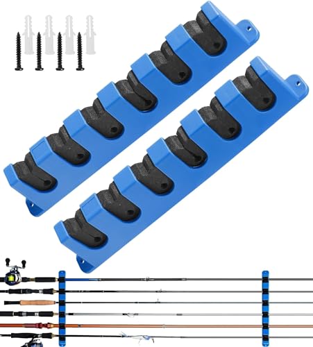 DZrudun Horizontal Fishing Rod Holder for Garage Wall Mounted-6 Rods Fishing Pole Storage Rack with Damage-Free EVA Grip, Interlocking Fishing Pole Holders for Garage Organization,Best Fish Gifts Men - style: Horizontal Blue, 1 Pair