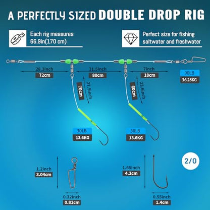 Narcissus 5PCS Sea Fishing Rigs, Pre-Tied Flapper with Size 1/0 & 2/0 Hooks, Anti-Tangle Snap, 1-3 Hooks, Gaps (45cm, 52cm, 80cm), Ready for Beach Fishing - color: 5pcs- 2 hooks- size 2/0- 80cm gap