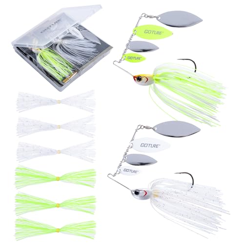 Goture Spinner Baits, Hard Metal Spinnerbaits Kit with 4 Spinner Blades, Spare Skirts Replacement, Buzzbait Spinnerbaits Fishing Lures for Bass Trout Pike Salmon Walleye Freshwater Saltwater - color: A1:2pcs(White & Fluorescent Green), size: 5g 3/16oz