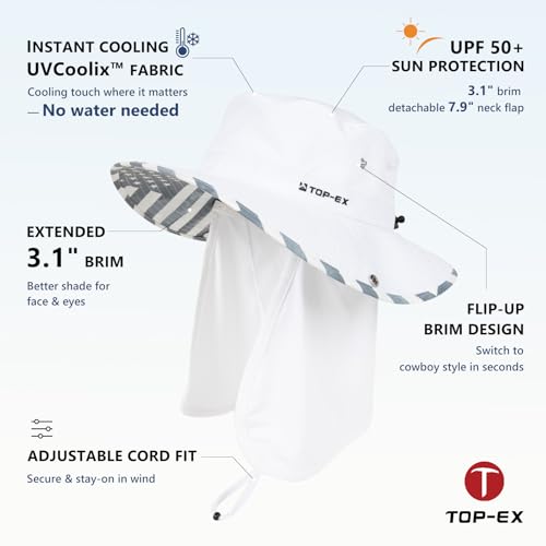 Unisex UVCoolix™ Cooling Sun Hat with Detachable Neck Flap | UPF 50+ Protection, Wide Brim Bucket Hat for Hiking, Fishing & Big Heads - color: White, size: Medium-Large