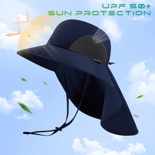 UPF 50+ Foldable Sun Hats Wide Brim with Large Neck Flap for Men Women UV Protection Gardening Fishing Beach Hat - color: Navy Blue