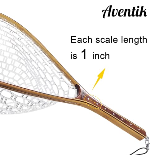Aventik Fly Fishing Landing Net for Trout Soft Rubber Ghost Mesh Catch and Release Wooden Frame Lightweight and Tangle-Free - style: Round Head+magnet+net Holder