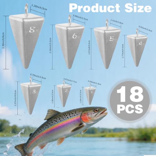 Pyramid Sinkers Fishing Weights Assortment Kit, 18 Lead Pyramid Sinkers 1oz 2oz 3oz 4oz 5oz 6oz 8oz with 2 Sinker Slides, Surf Fishing Weights for Saltwater Bottom Fishing Rigs
