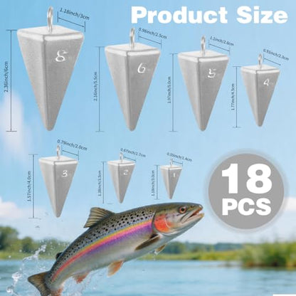Pyramid Sinkers Fishing Weights Assortment Kit, 18 Lead Pyramid Sinkers 1oz 2oz 3oz 4oz 5oz 6oz 8oz with 2 Sinker Slides, Surf Fishing Weights for Saltwater Bottom Fishing Rigs