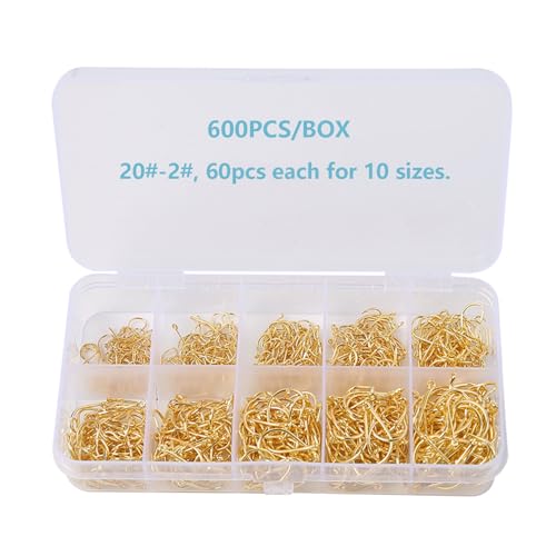 Dyxssm Small Fishing Hooks for Freshwater, 1000pcs 600pcs 400pcs Trout Fish Hook Set, 10 Sizes #2-#20 - color: Gold, style: 600pcs (#2-#20)