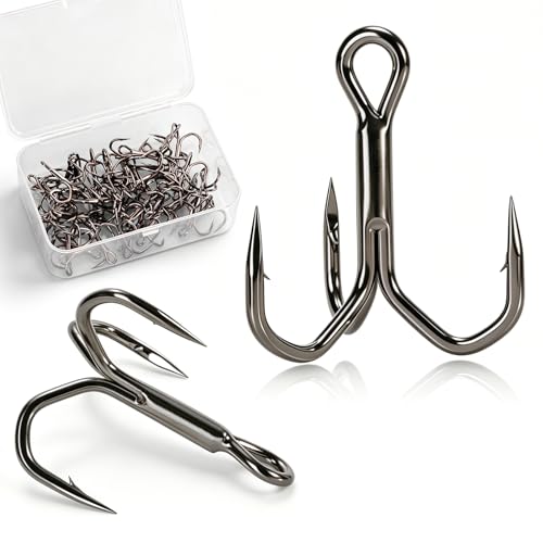 Fishing Treble Hooks 50PCS, 5X Strong High Carbon Steel, Ultra Sharp Barbed Round Bend, Rustproof Replacement Hooks for Bass Trout, Saltwater & Freshwater, Sizes #6#4#2 - size: #4 * 50PCS