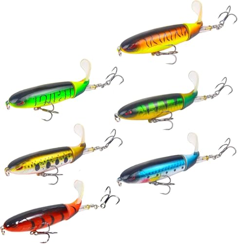 Whopper Fishing Lure for Bass：Popper Top Water Fishing Lures with Floating Rotating Tail Barb Treble Hooks Saltwater Freshwater Plopping Lures Kit - color: 6pcs