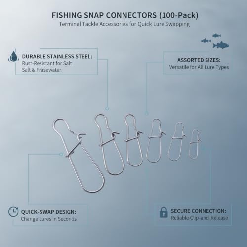 100-Pack Fishing Snap Connectors, Stainless Steel Lure Snaps for Quick Tackle Swapping, Assorted Sizes Saltwater and Freshwater Terminal Tackle Accessories - size: 2.17 x 1.77 x 0.59"