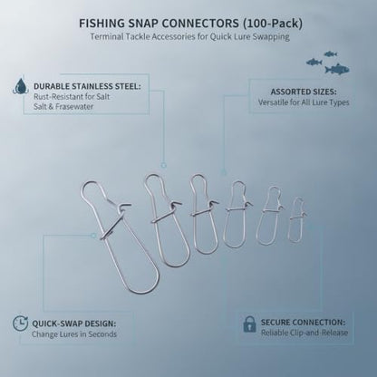 100-Pack Fishing Snap Connectors, Stainless Steel Lure Snaps for Quick Tackle Swapping, Assorted Sizes Saltwater and Freshwater Terminal Tackle Accessories - size: 2.17 x 1.77 x 0.59"