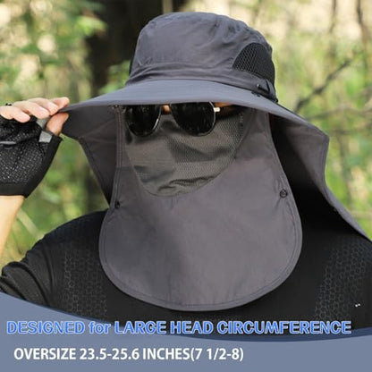 ALANDUO Wide Brim XXL Sun Hats for Men Big Head, UPF 50+ Fishing Sun Hat with Neck Face Flap, Safari Boonie Hat for Men Women - color: Dark Grey
