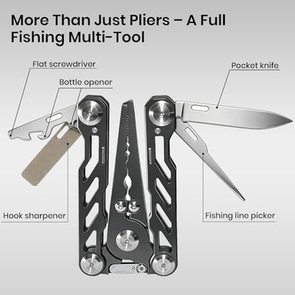 Pristis Foldable Fishing Pliers with Multitools, Saltwater Resistant Titanium Coated Stainless Steel, Portable Full-Sized Forceps with Tungsten Line Cutter, Ring Splitter, Hook Remover and Multi Tool