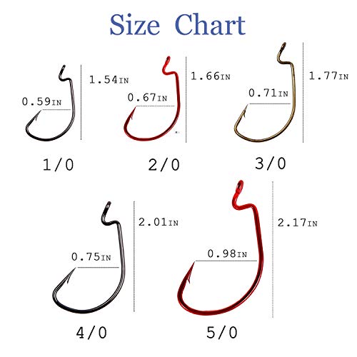 Bass Fishing Hooks Kit, 50pcs 2X Strong Offset Ewg Worm Hooks for Bass Fishing Trout Soft Bait Jig Texas Rig Saltwater Freshwater Size 1/0-5/0