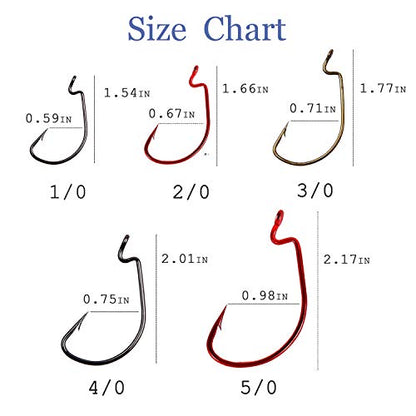 Bass Fishing Hooks Kit, 50pcs 2X Strong Offset Ewg Worm Hooks for Bass Fishing Trout Soft Bait Jig Texas Rig Saltwater Freshwater Size 1/0-5/0