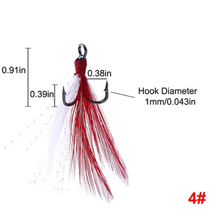 20Pcs Treble Fishing Hooks with Feather Size Stainless Steel Barbed Sharp Triple Fishhook with Box for Saltwater Freshwater - color: 20pcs-Red White Feather, size: 2#