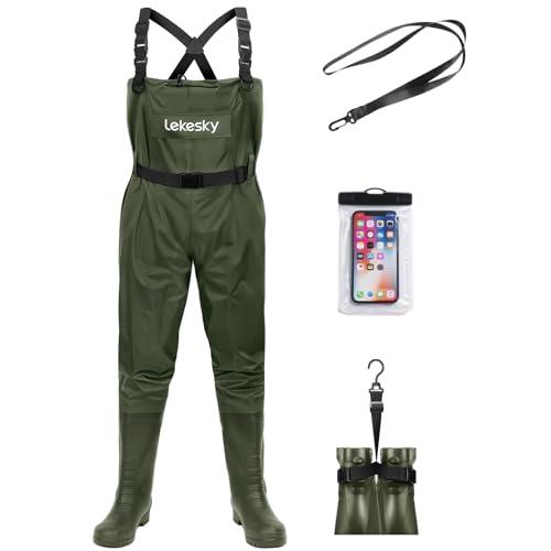 Lekesky Fly Fishing Chest Waders with Boots for Men Women, US Sizes 5–14,2-Ply Nylon/Pvc Waterproof Waders - color: Green, size: M8/W10