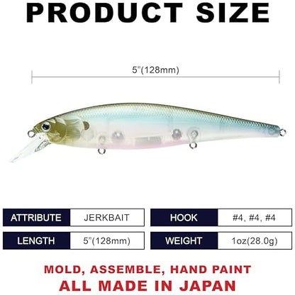 LUCKY CRAFT Pointer 128SP, Freshwater Lake Bass Fishing Lure, Jerkbait, Suspending, Fishing Gear, Fishing Accessories, Fishing Tackle - color: 583 Ghost Minnow Sakura