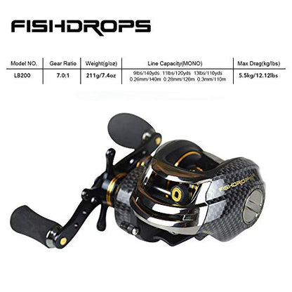 FISHDROPS Baitcasting Reels, 17+1BB Magnetic/Centrifugal Brake Systems Baitcaster Reel, High-Speed Gear Ratio 7.0 Ultra Smooth Low Profile Baitcast Fishing Reel - color: Dual Brake-Left Hand