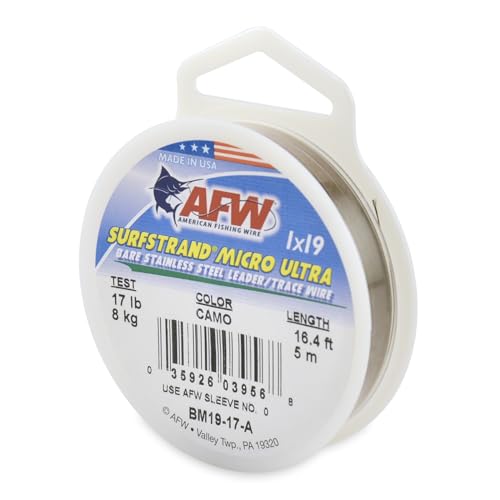 American Fishing Wire Surfstrand Micro Ultra Bare 1x19 Stainless Steel Leader Wire - Fishing Leader Line for Saltwater, 6.6lb Test - 61lb Test, Camo Color, 5m Length - style: 17 Lb / 5 M